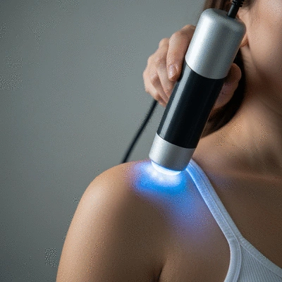 Modern low-level laser therapy device in action on a patient's hand