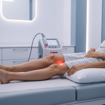 Person receiving low-level laser therapy on their knee, sterile clinic environment