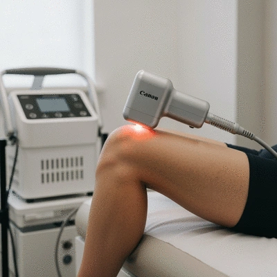 Modern low-level laser therapy device treating a patient's knee