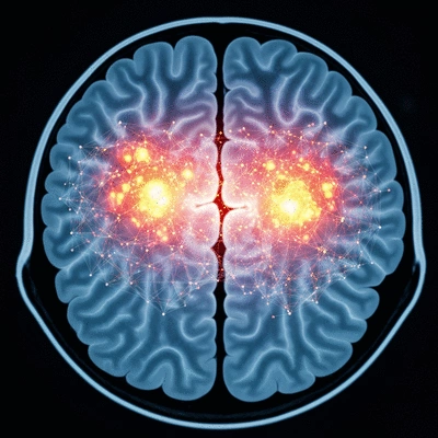 Scientific brain scan showing areas of improved cognitive activity after therapy, abstract and modern, no text, no words, no typography, clean image
