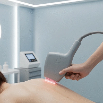Modern low-level laser therapy device in action on a patient's back, clinic setting, no text, no words, no typography, clean image