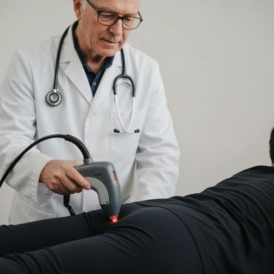 Medical professional using a low-level laser device on a patient's knee to reduce inflammation, in a clinical setting