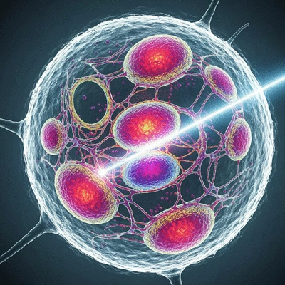 Microscopic view of mitochondria interacting with laser light in a cell, illustrating ATP production