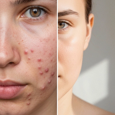 Before and after comparison of skin showing improvement from a skin condition, clear and healthy, no text, no words, no typography, clean image