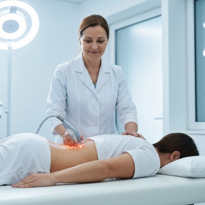 Person receiving low-level laser therapy on their lower back from a healthcare professional