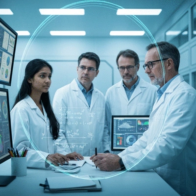 A diverse group of researchers in a modern lab setting, looking at data on screens and discussing findings, representing long-term outcomes and continued research, no text, no words, no typography, no labels, clean image