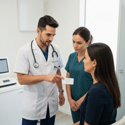 Healthcare professional explaining laser therapy to a patient in a modern clinic setting
