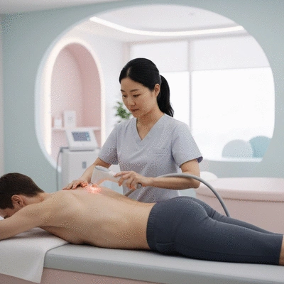 Patient receiving low-level laser therapy on their back in a modern clinic