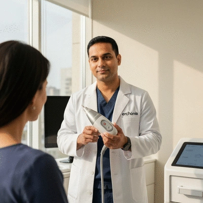 Practitioner demonstrating Erchonia laser device to a patient