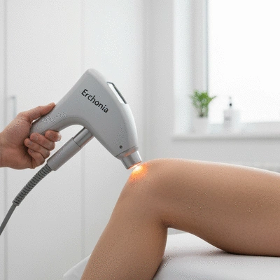 Modern Erchonia laser therapy device in action, focused on a patient's knee, clean clinic environment