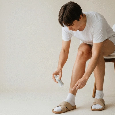 A person applying an antifungal spray to their feet, illustrating good hygiene and prevention strategies, clean background, no text, no words, no typography, no labels, clean image