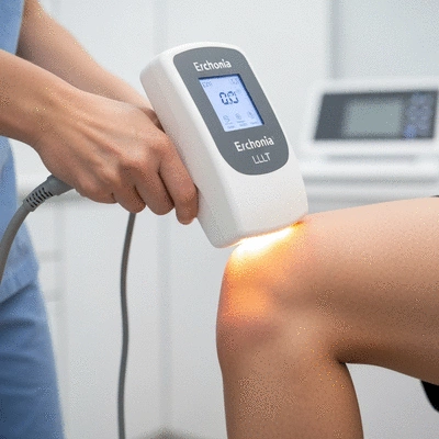 Modern Erchonia LLLT device in use on a patient's knee