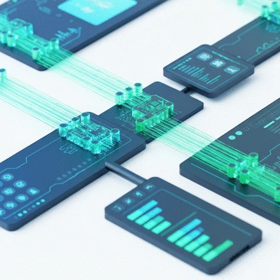 Abstract representation of data flowing between interconnected devices, symbolizing AI integration