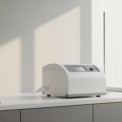 Modern low-level laser therapy device in a clinical setting with a soft glow, no text, no words, no typography, clean image