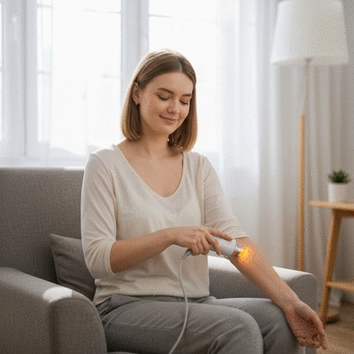 Person using a low-level laser therapy device at home