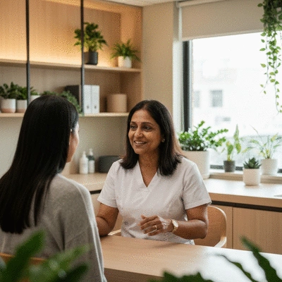 Patient discussing LLLT treatment options with a healthcare provider in a modern clinic setting