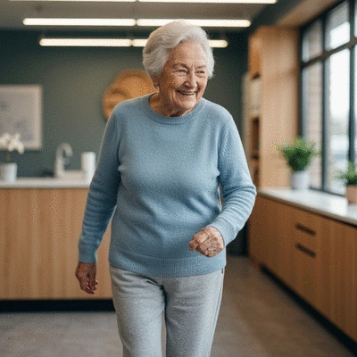 Patient smiling and moving easily, symbolizing improved mobility after LLLT