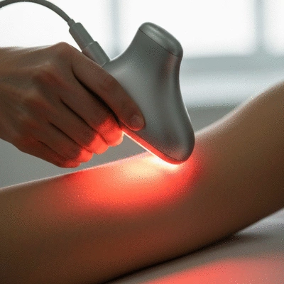 Modern red light therapy device being used on a person's skin