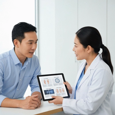 Patient actively engaged in a consultation with a healthcare professional, looking at a tablet displaying information about laser therapy, professional, no text, no words