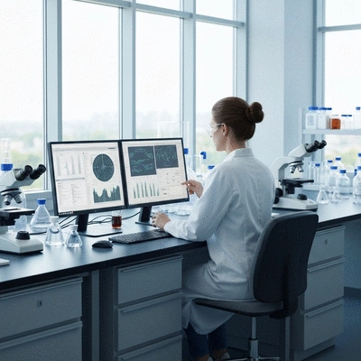 Scientist in a modern lab examining data on a screen, illustrating medical research