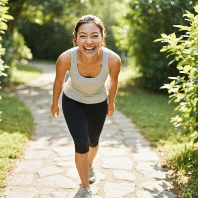 Patient smiling and walking freely after successful LLLT treatment for plantar fasciitis, showing improved mobility