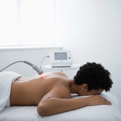Person receiving low-level laser therapy on their back, modern clinic setting, no text, no words, no typography