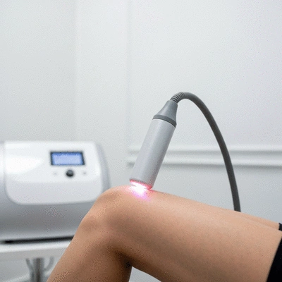 Modern low-level laser therapy device in a clinical setting, being applied to a patient's knee
