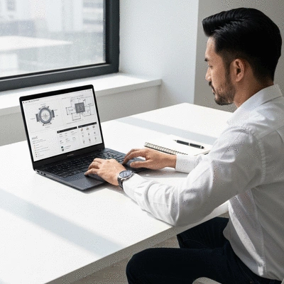 Person researching LLLT devices on a laptop