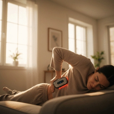 Someone holding a portable LLLT device at home