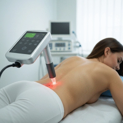 Modern low-level laser therapy device in action on a patient's back, clinical setting, no text, no words, no typography, no labels, clean image