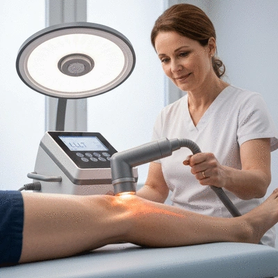 Modern LLLT device being used on a patient's knee in a clinical setting
