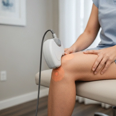 Patient receiving laser therapy on their knee, showcasing non-invasive treatment