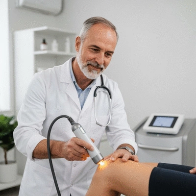 Professional demonstrating low-level laser therapy device on a patient's knee, clean clinic setting, no text, no words, no typography, clean image
