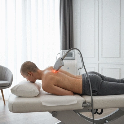 Patient receiving low-level laser therapy on their back, focusing on pain relief, no text, no words, no typography, clean image