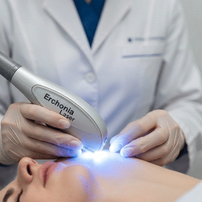 Close-up of Erchonia Laser device being used on skin, gentle light, professional setting, no text, no words, no typography, clean image