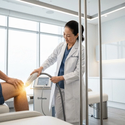 Patient receiving Erchonia laser therapy on their knee, in a modern clinic setting