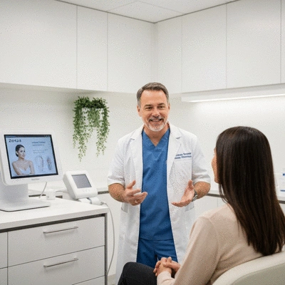 Healthcare professional explaining Zerona laser therapy to a patient in a modern clinic setting