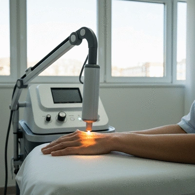 Modern low-level laser therapy device in action, focusing light on a patient's hand