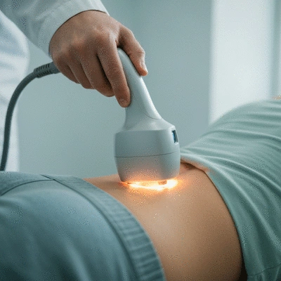 Close-up of a low-level laser therapy device being applied to a patient's lower back