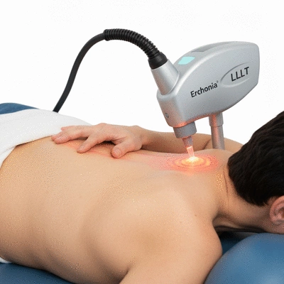 Erchonia LLLT device emitting light onto a patient's back, illustrating pain management and healing