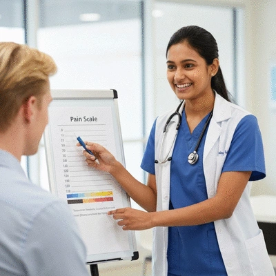 Medical professional explaining a pain scale to a patient, demonstrating measurable pain reduction