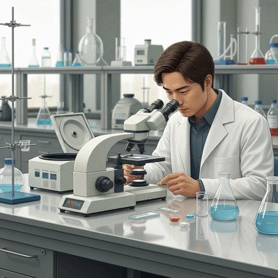 Scientist working in a lab, focusing on LLLT research with advanced equipment, clean and modern, no text, no words, no typography, 8K