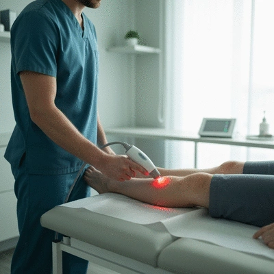Medical professional demonstrating low-level laser therapy device on a patient's knee, clean clinic environment