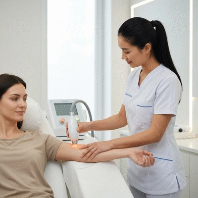 Healthcare professional using a low-level laser therapy device on a patient's arm