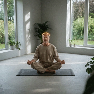 Person meditating with subtle light therapy glow