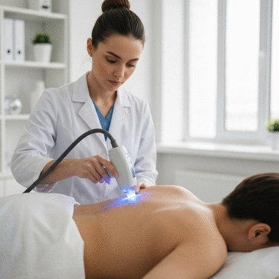 Close-up of a low-level laser therapy device being applied to a patient's back, in a clinical setting, no text, no words, no typography, 8K
