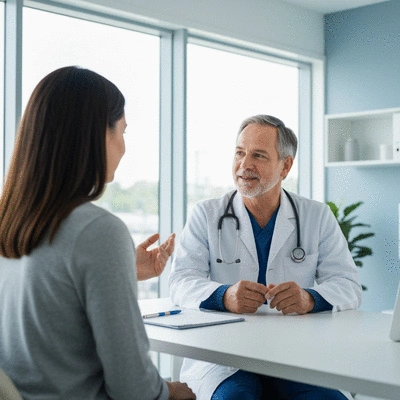 Professional medical consultation, doctor explaining treatment to patient, clinic setting, no text, no words, no typography, clean image