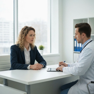 Woman discussing treatment options with a healthcare provider, modern clinic setting, no text, no words, no typography, no labels, clean image