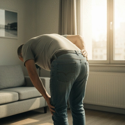 Patient experiencing chronic low back pain, showing discomfort and reduced mobility