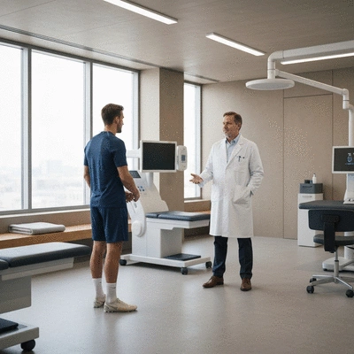 Athlete consulting with a healthcare professional about recovery options